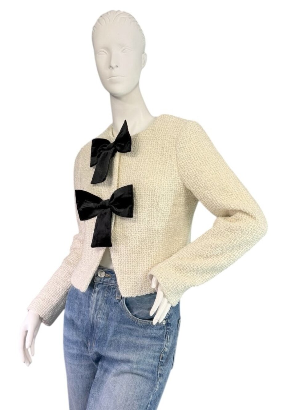 Avec Les Filles Bow Tweed Lady Cropped Jacket in Off White w/ Black Bows XS - Picture 3 of 9